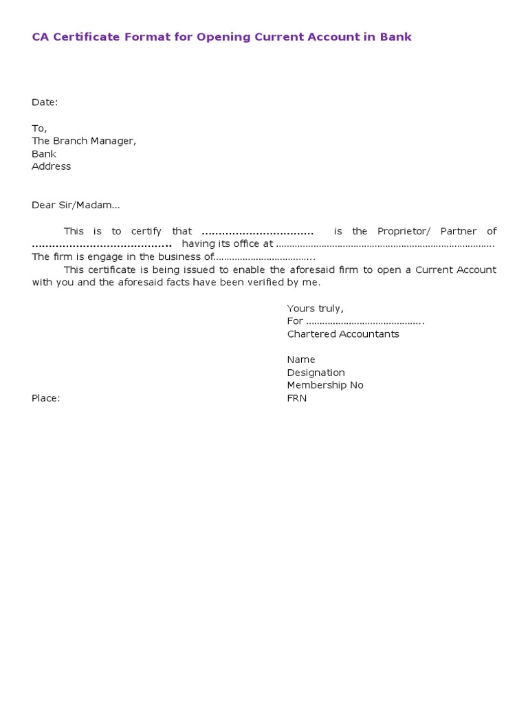 CA Certificate Format for Current Account Opening
