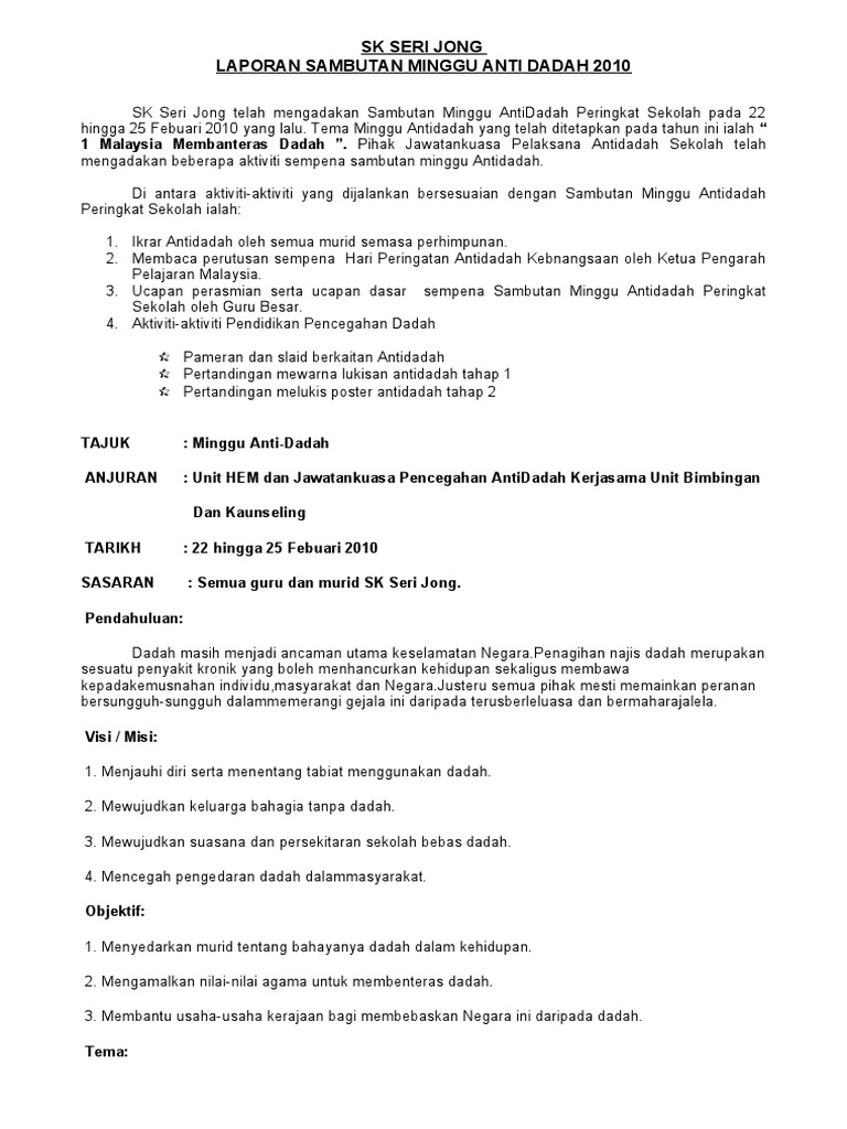 Contoh Laporan Antidadah Sekolah Rendah Pdf