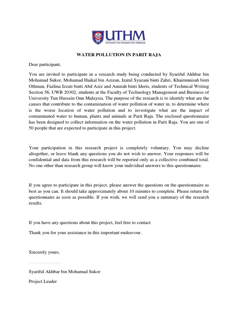 Questionnaire Technical Writing PDF Water Pollution Environmental Issues