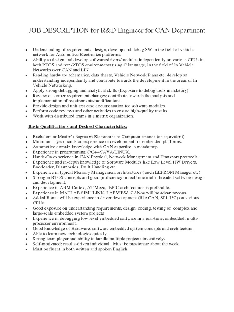 Job Description for r&d Can Department Embedded System Debugging