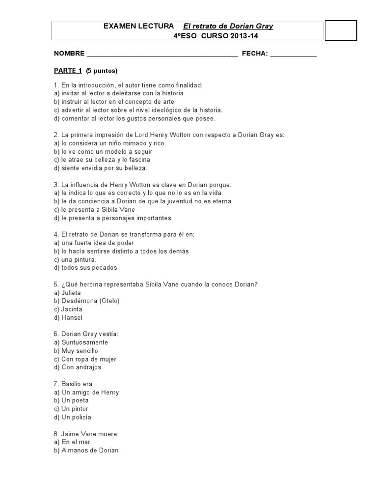 Examen Lectura Retrato Dorian Gray Retrato Pinturas