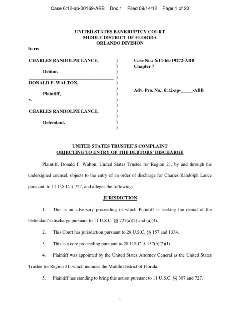 United States Trustees Complaint Objecting Discharge To Charles R Lance ...