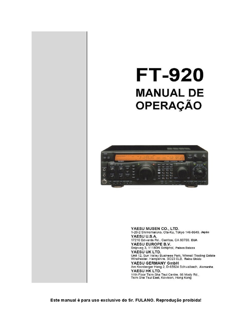 Manual Transceptor Yaesu Ft-920 Em Português 123 Páginas