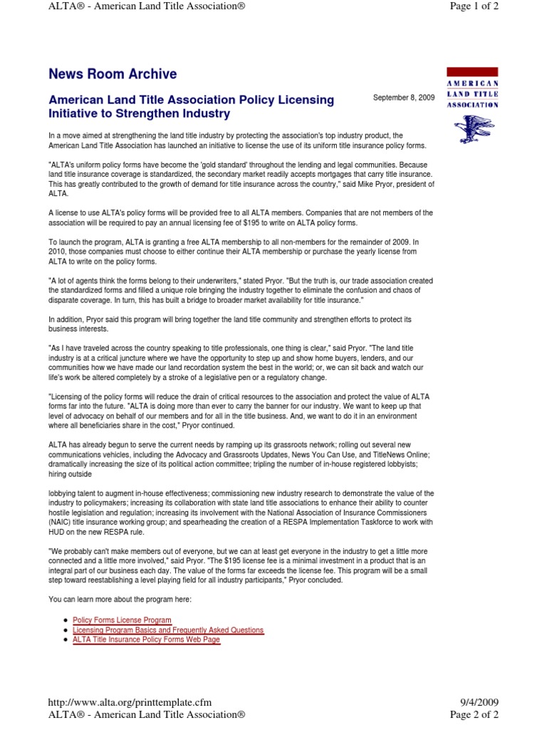 ALTA License Forms Title Insurance Insurance
