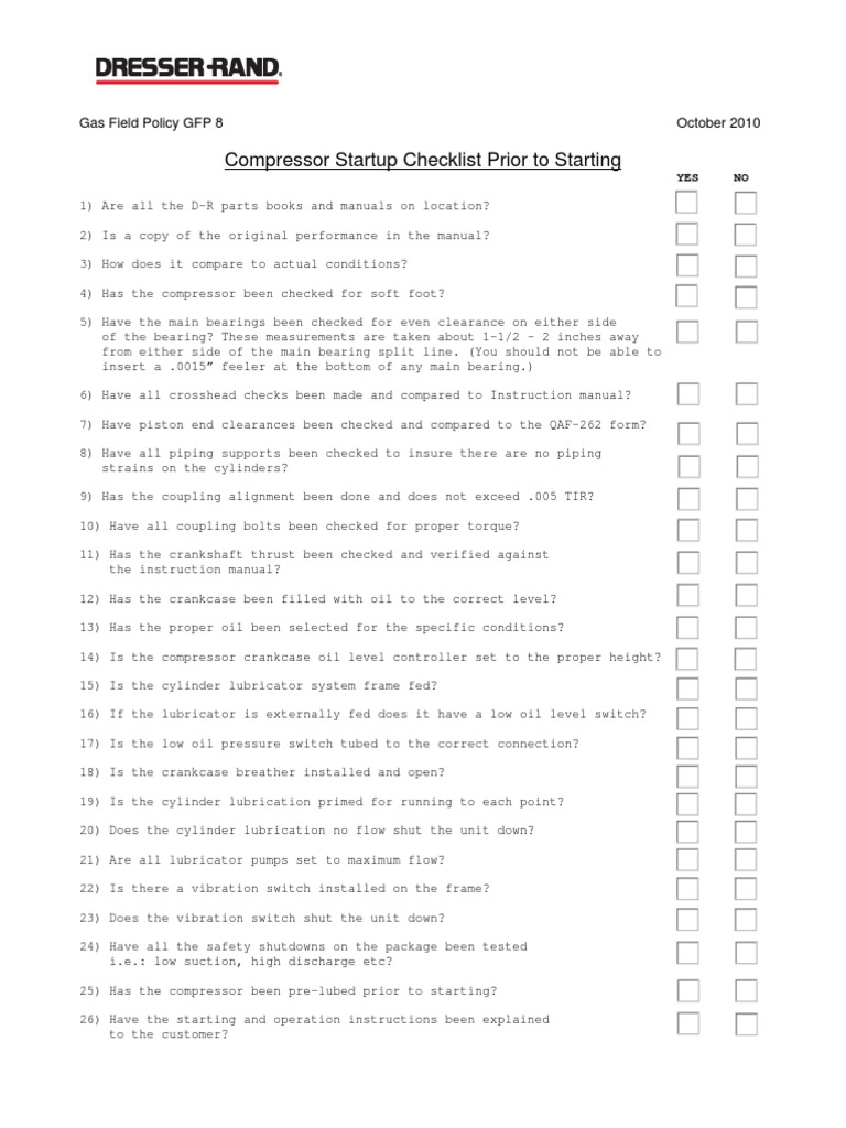 Compressor Start Up Checklist | PDF | Bearing (Mechanical) | Piston