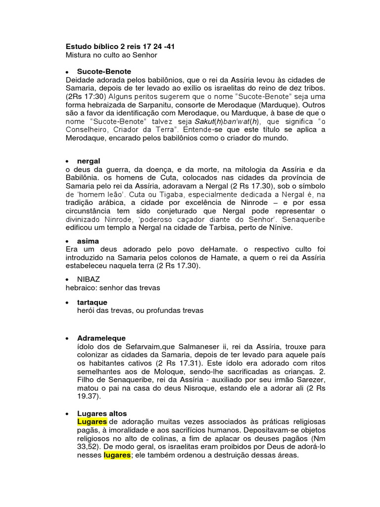 Estudo Bíblico 2 Reis 17 24 | PDF | Assíria | Santuário
