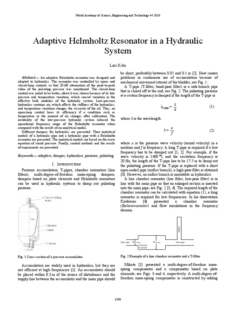 Adaptive Helmholtz Resonator in A Hydraulic System PDF Control Theory Sound