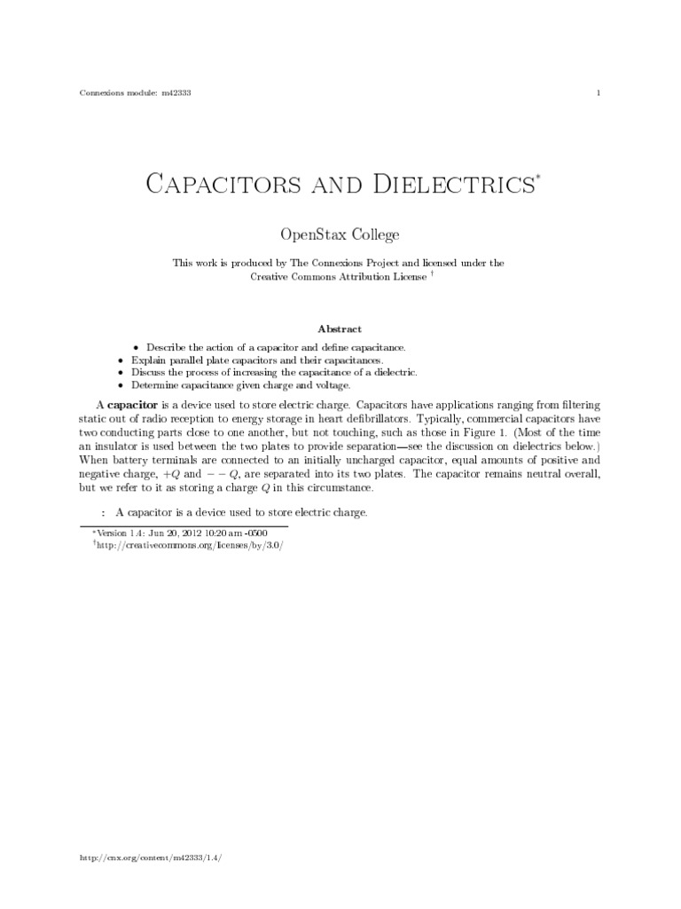 Capacitors and Dielectrics: Openstax College | PDF | Dielectric | Capacitor