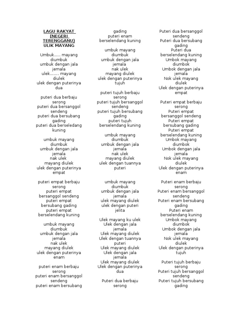 Lirik Lengkap Lagu Ulek Mayang | PDF | Seni