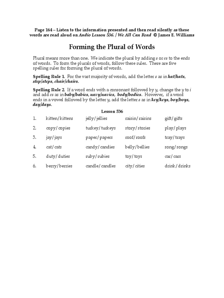 Forming The Plural of Words Step/steps, Chair/chairs PDF