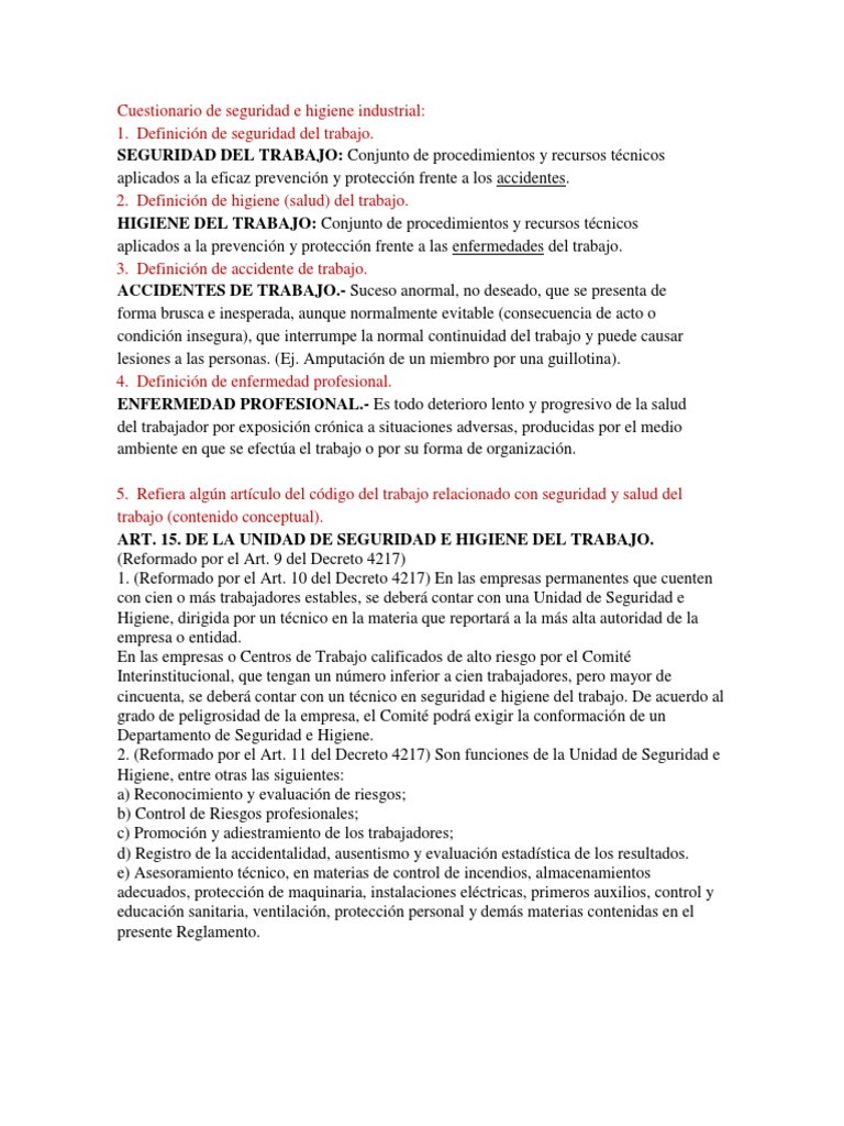 Cuestionario de Seguridad e Higiene Industrial | PDF | Combustión ...