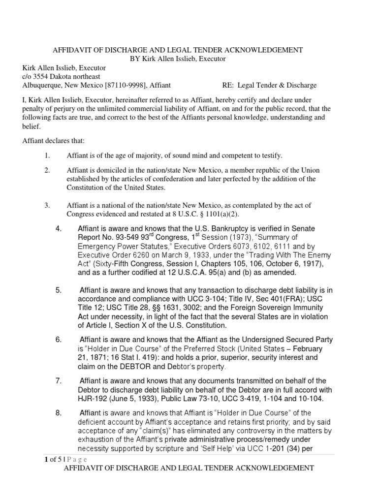 Affidavit of Debt Discharge Acknowledgment | PDF | Legal Tender ...