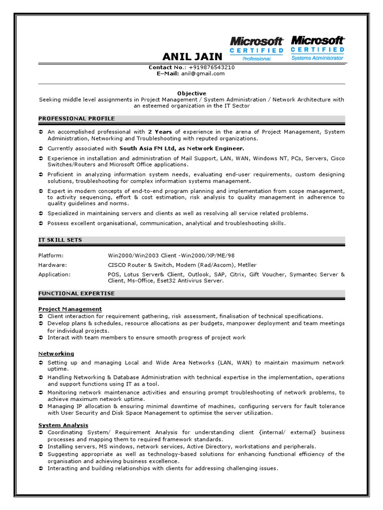 Sample Network Engineer Resume PDF Nature