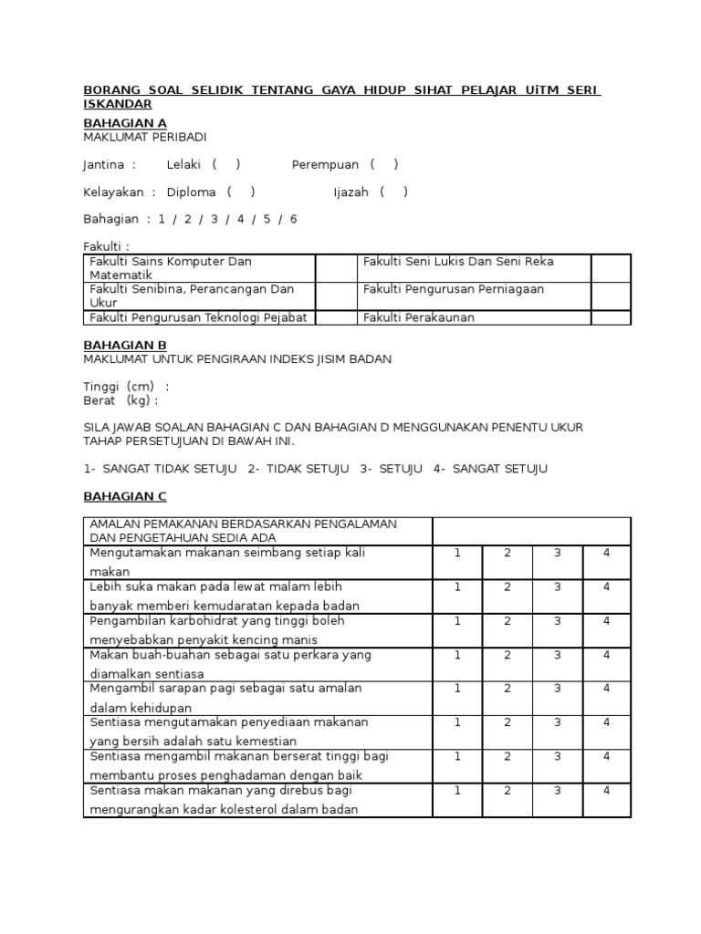 Borang Soal Selidik Tentang Gaya Hidup Sihat Pdf