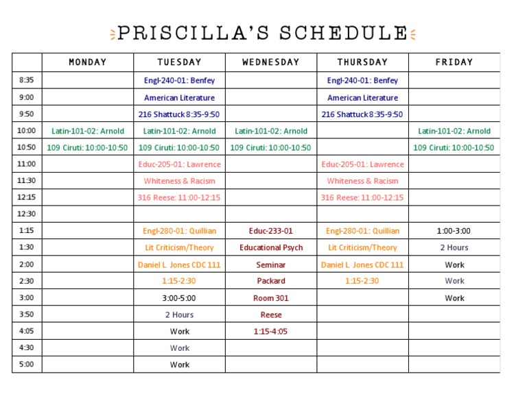 Priscilla's Weekly Class Schedule | PDF