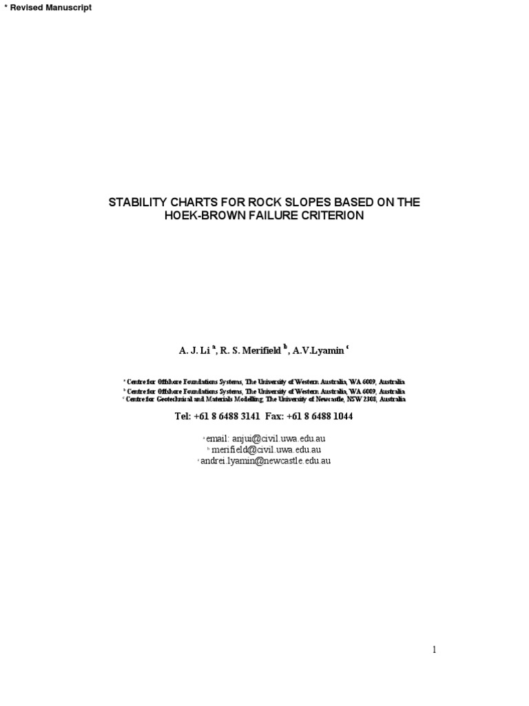 Stability Charts For Rock Slopes Based On The Hoek-Brown Failure ...