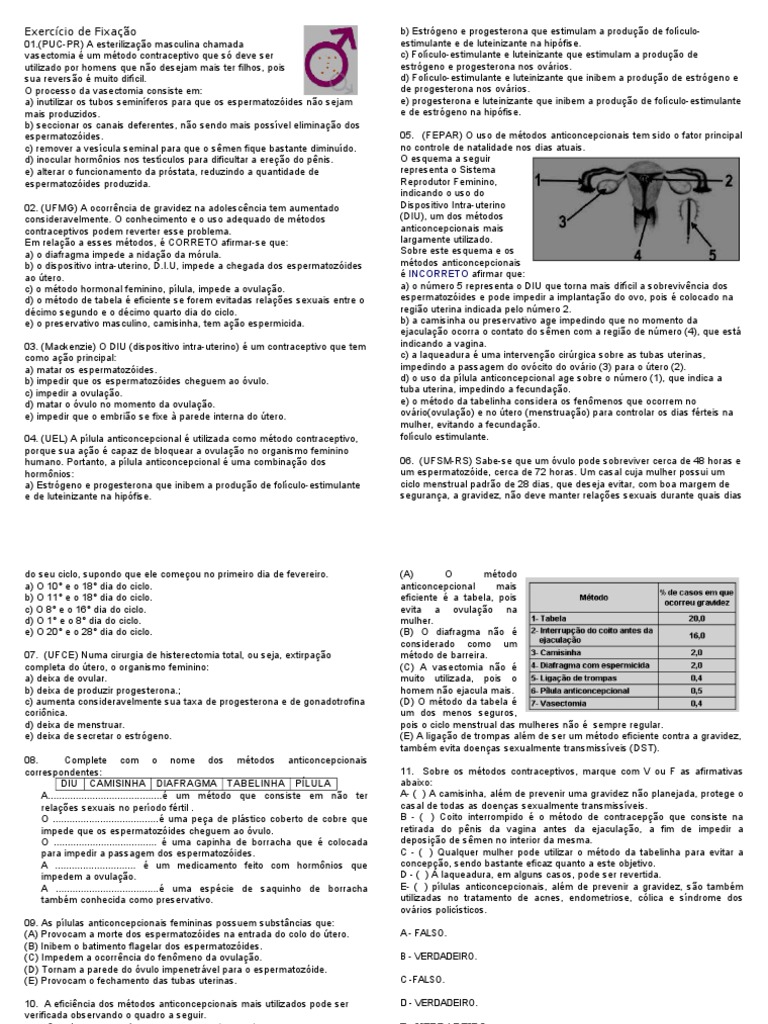 Exercícios sobre Métodos Contraceptivos | PDF | Menstruação | Ginecologia