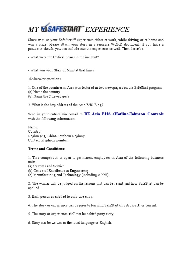 Share Your SafeStart Experience Contest | PDF