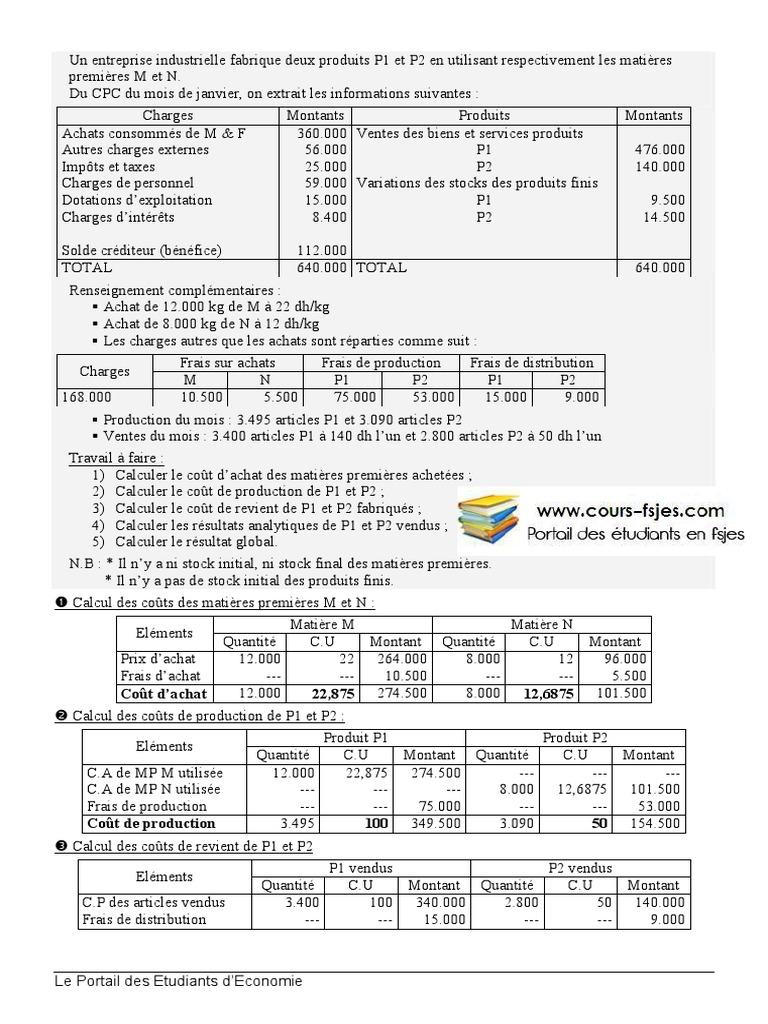 Exercice comptabilité analytique semestre s3 avec corrigé www.cours ...