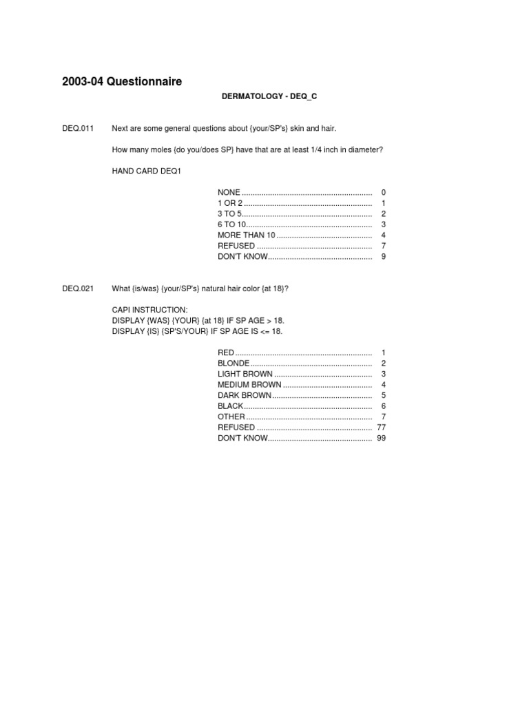 2003-04 Questionnaire: Dermatology - Deq - C | PDF | Sunscreen | Human ...