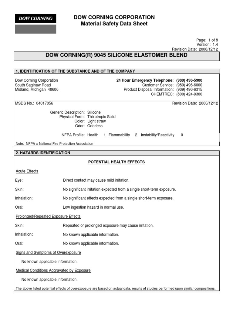 Msds Silicone 9045 Dangerous Goods Toxicity