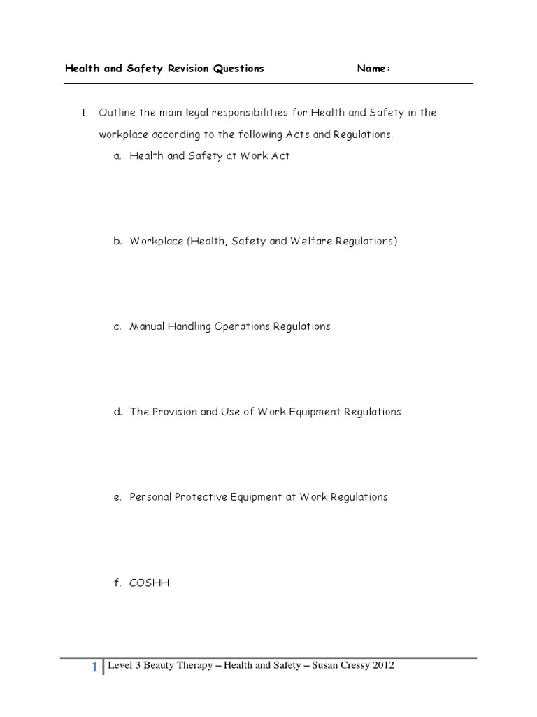 Health and Safety Revision Questions PDF