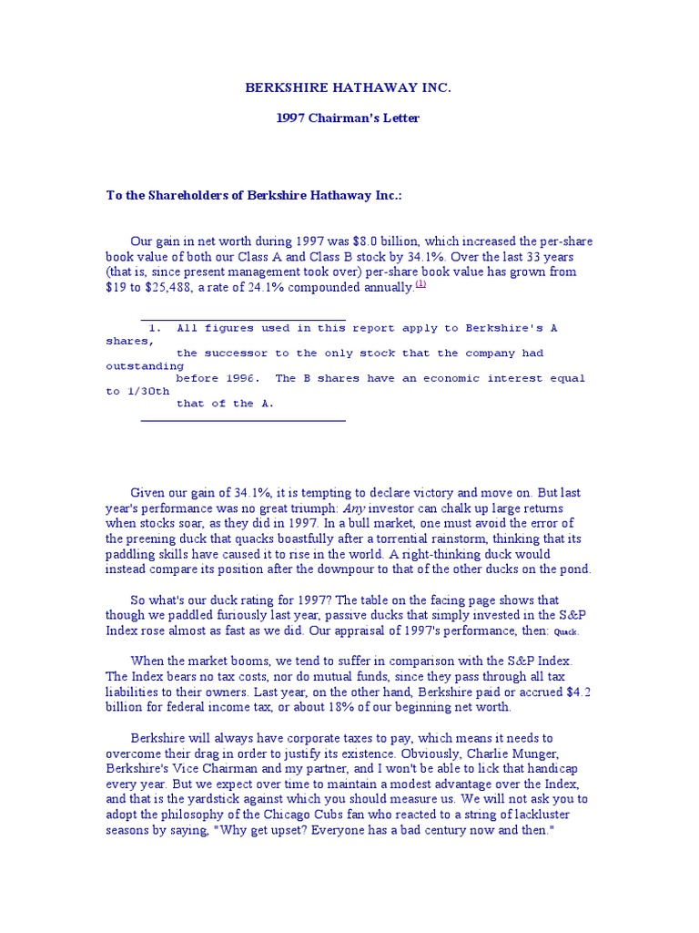 Warren Buffett Shareholder letter 1997 | Bullion | Insurance