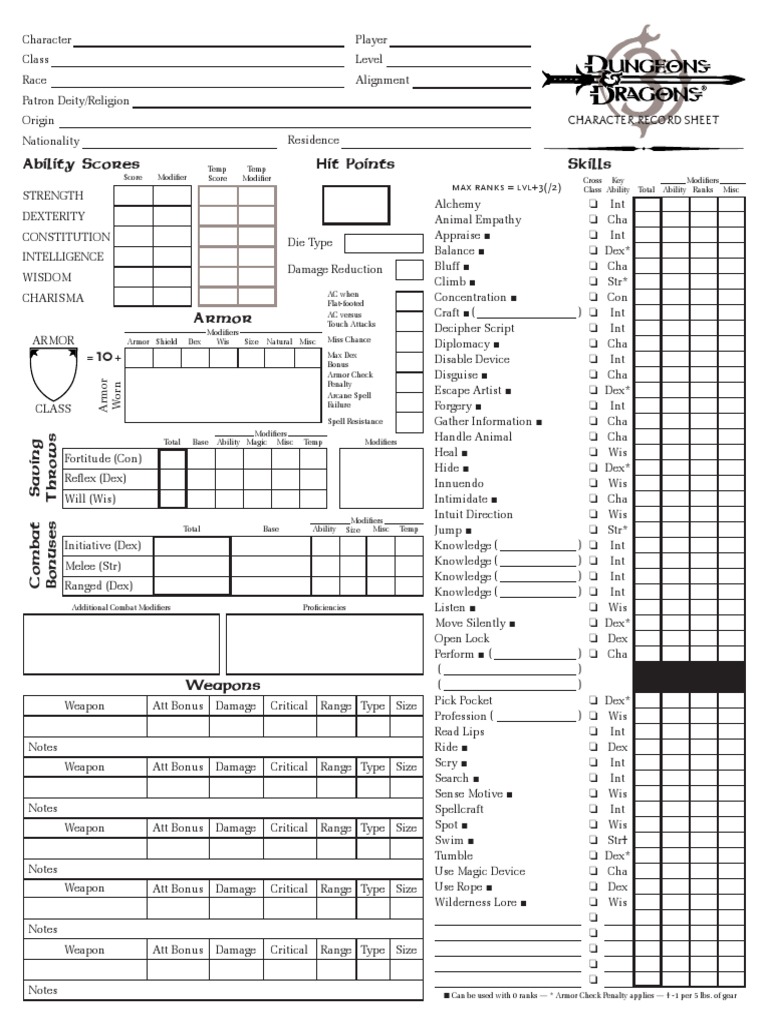 D&D 3.5 Realms Character Sheet PDF Wizards Of The Coast