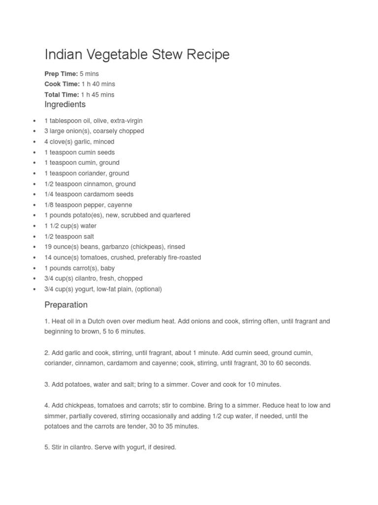 Indian Vegetable Stew Recipe: Ingredients | PDF