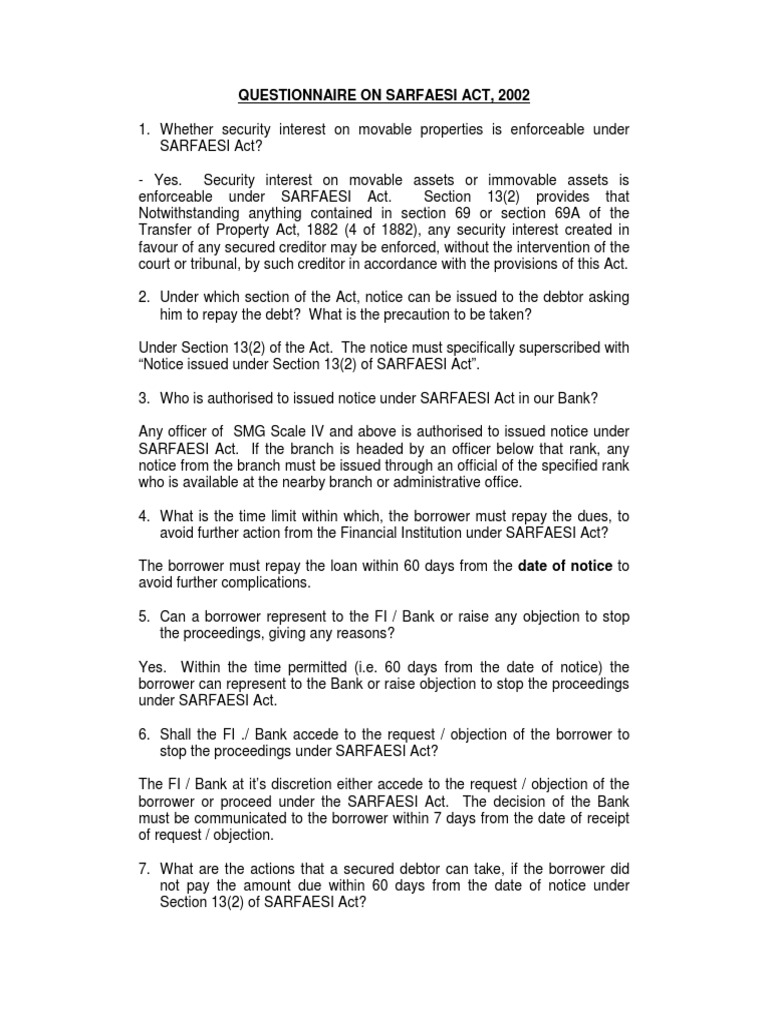 SARFAESI Act 2002: Key Procedures Explained | PDF | Security Interest ...