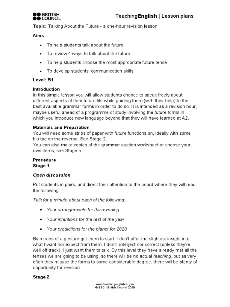 Future Plans: A Revision Lesson | PDF | Lesson Plan | Time