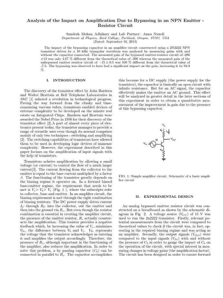 Bypassed Emitter Resistor Circuit Amplifier Electrical Network