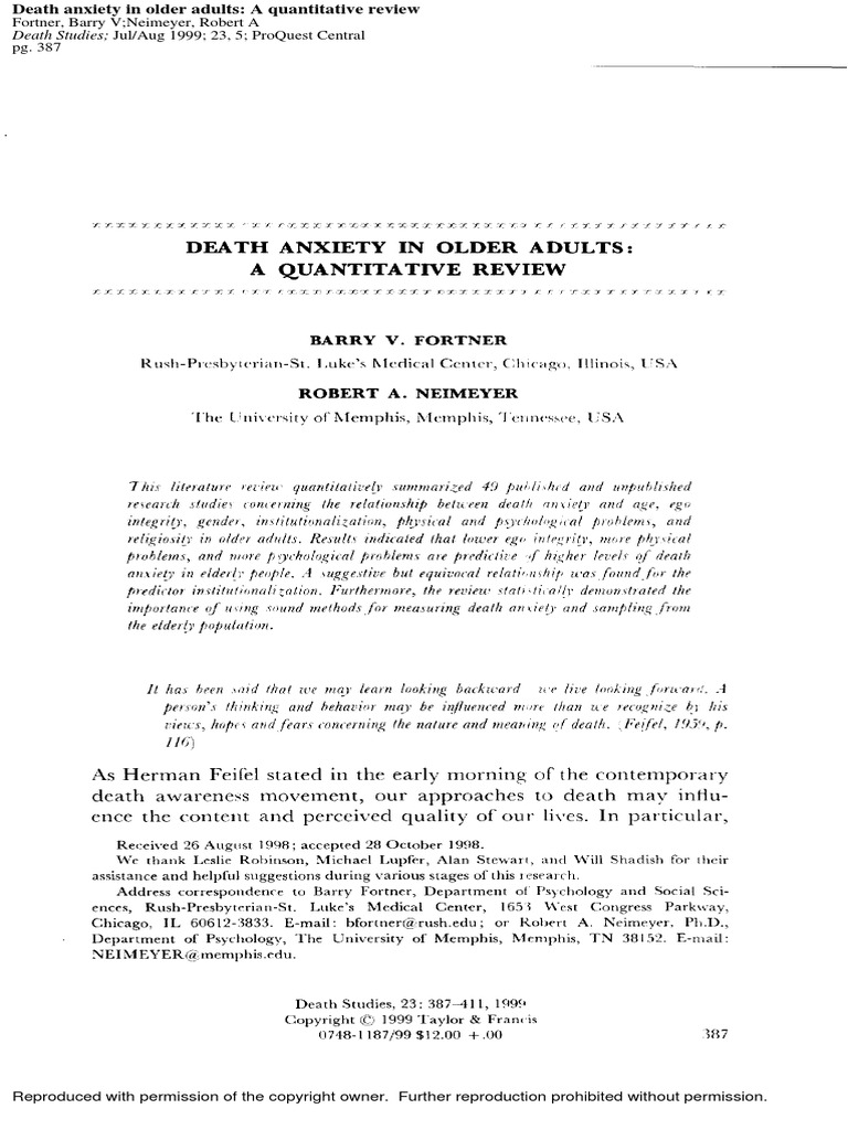 Death Anxiety in Older Adults: A Quantitative Review | PDF | Common Law ...
