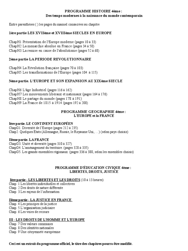 Programme Histoire-Géo 4ème Sénégal | PDF