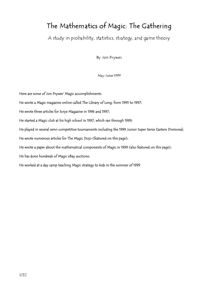 Mathematics of Magic The Gathering A Study in Probability, Statistics ...
