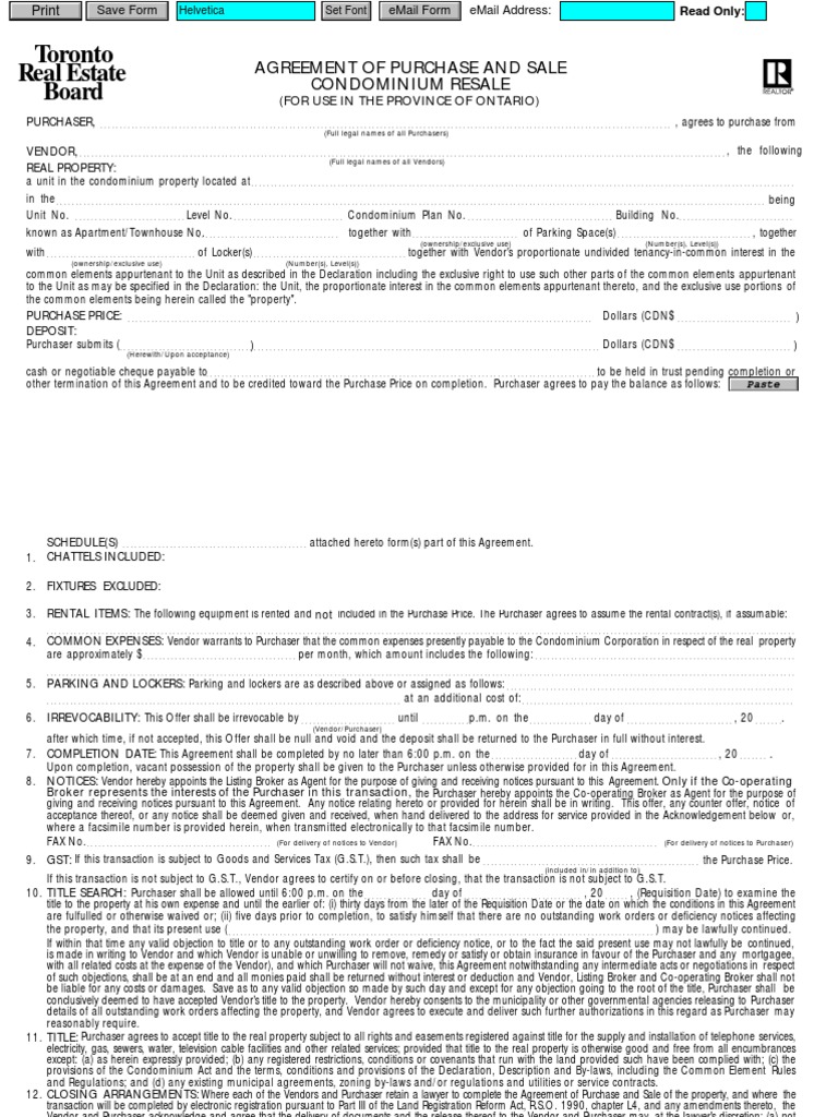 Condo Agreement of Purchase and Sale Ontario Condominium Mortgage Law
