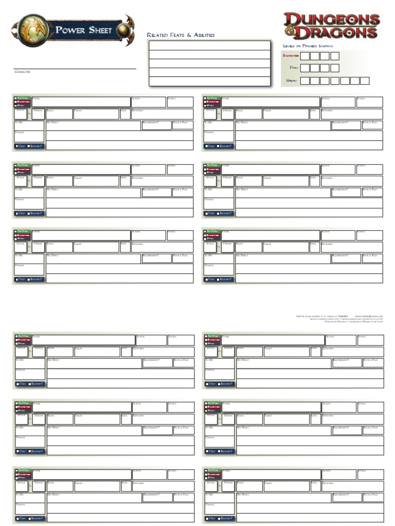 Shados 4e DND Powers Sheet | PDF | Role Playing | Entertainment