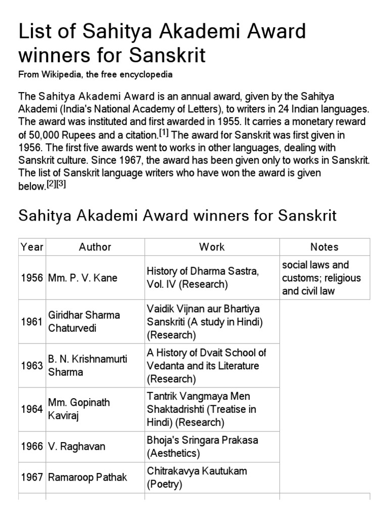 List Of Sahitya Akademi Award Winners For Sanskrit Wikipedia The Free Encyclopedia Indian Literature Sikhism
