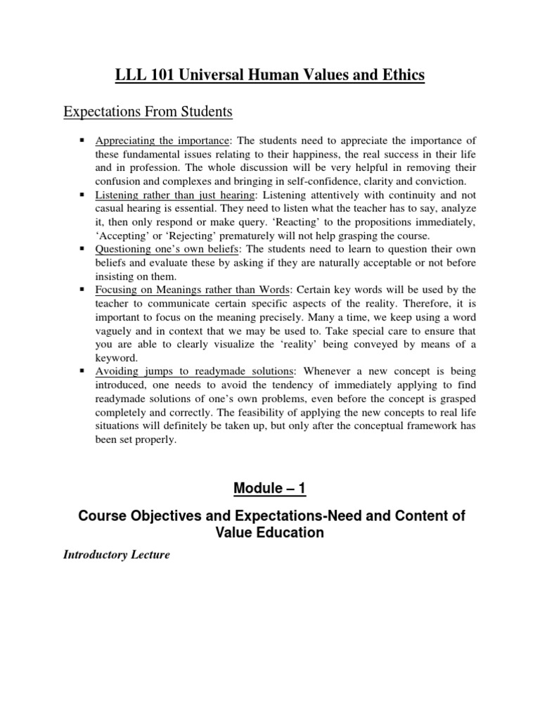 LLL 101 Universal Human Values and Ethics: Expectations From Students | PDF