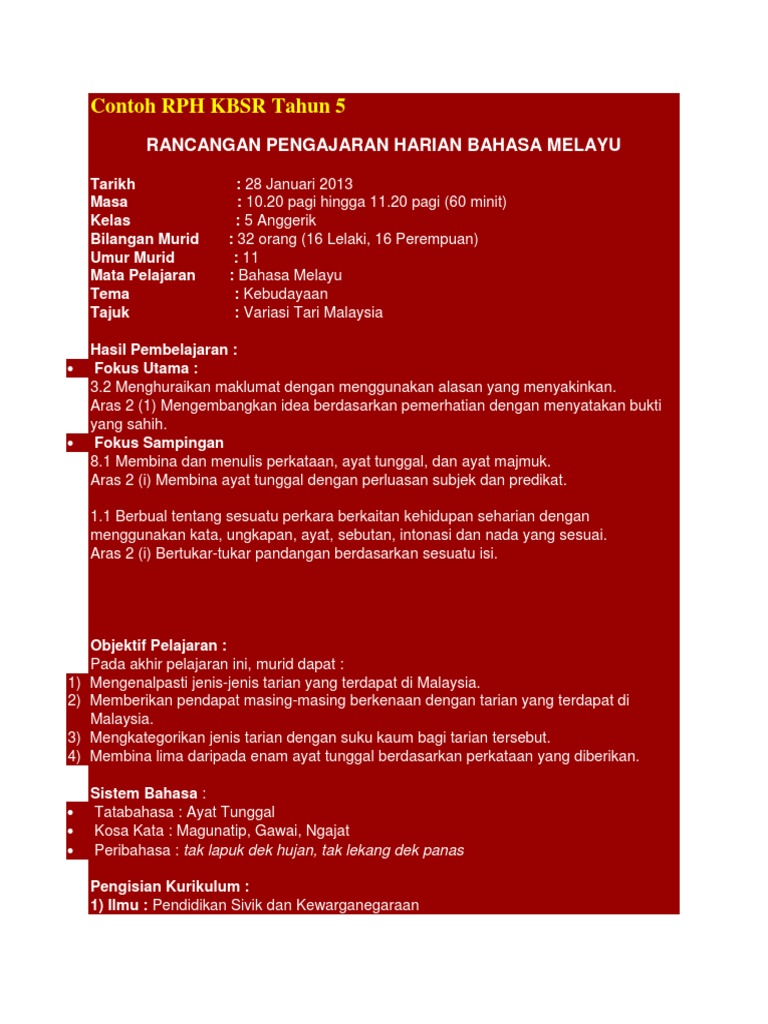 Unduh Gratis Gambar Contoh Rph Kbsr Tahun 5 Terbaru by Cikimm