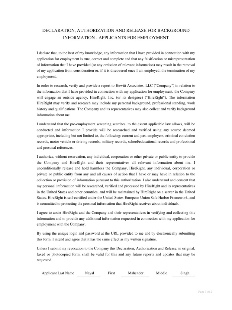 Disclosure and Consent For Background Verification Report | PDF ...