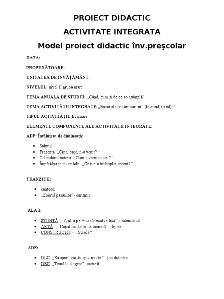 Model Proiect Didactic Inv Pre-Scolar | PDF