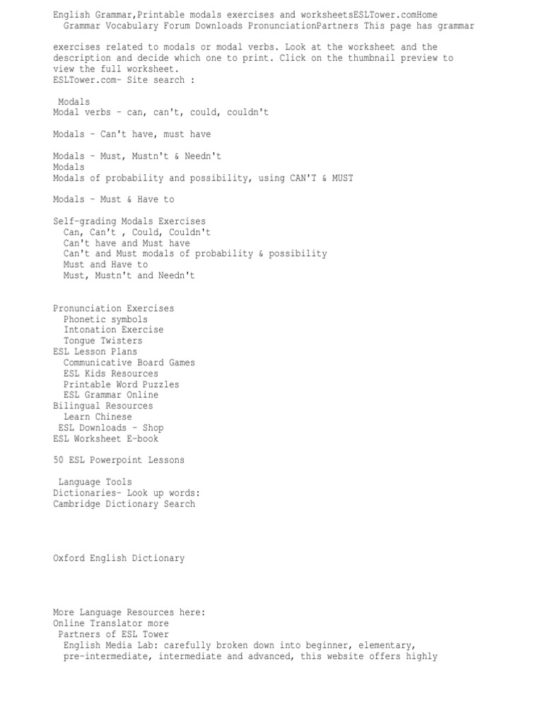 Modals Exercises And Worksheets Pdf