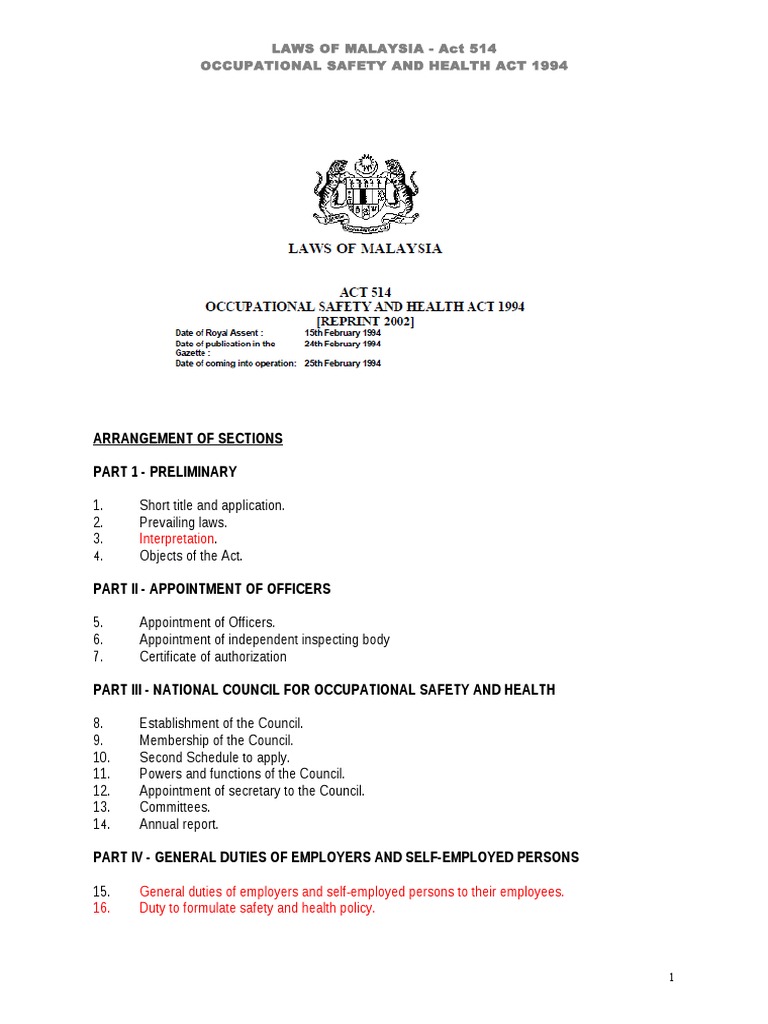 OSHA 1994: Act 514 Overview | PDF | Occupational Safety And Health ...