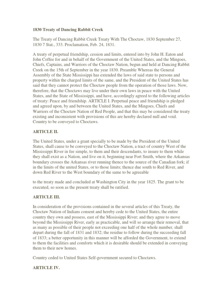 Treaty of Dancing Rabbit Creek (1830) | PDF | Choctaw | Ratification