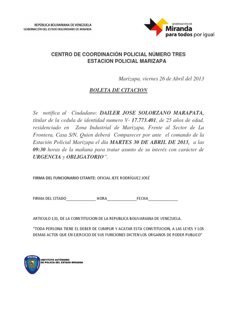 Boleta De Citacion