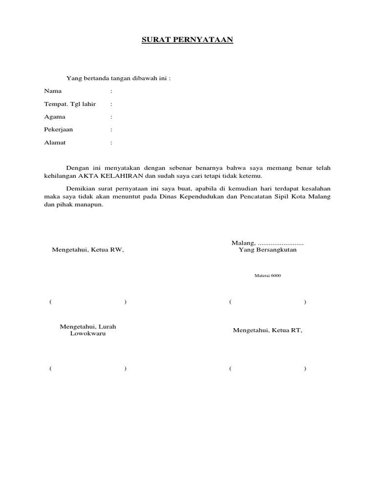 Surat Pernyataan Kehilangan Akta 2 fotocopy surat keputusan danatau sertifikat.