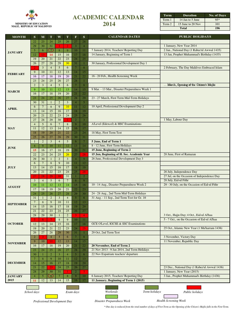 Maldives Academic Calendar 2014 Academic Term Schools