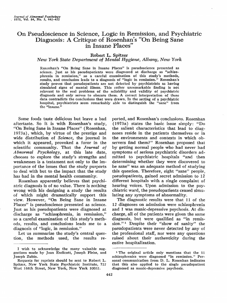 Critici Being Sane in Insane Places | PDF | Psychiatry | Schizophrenia