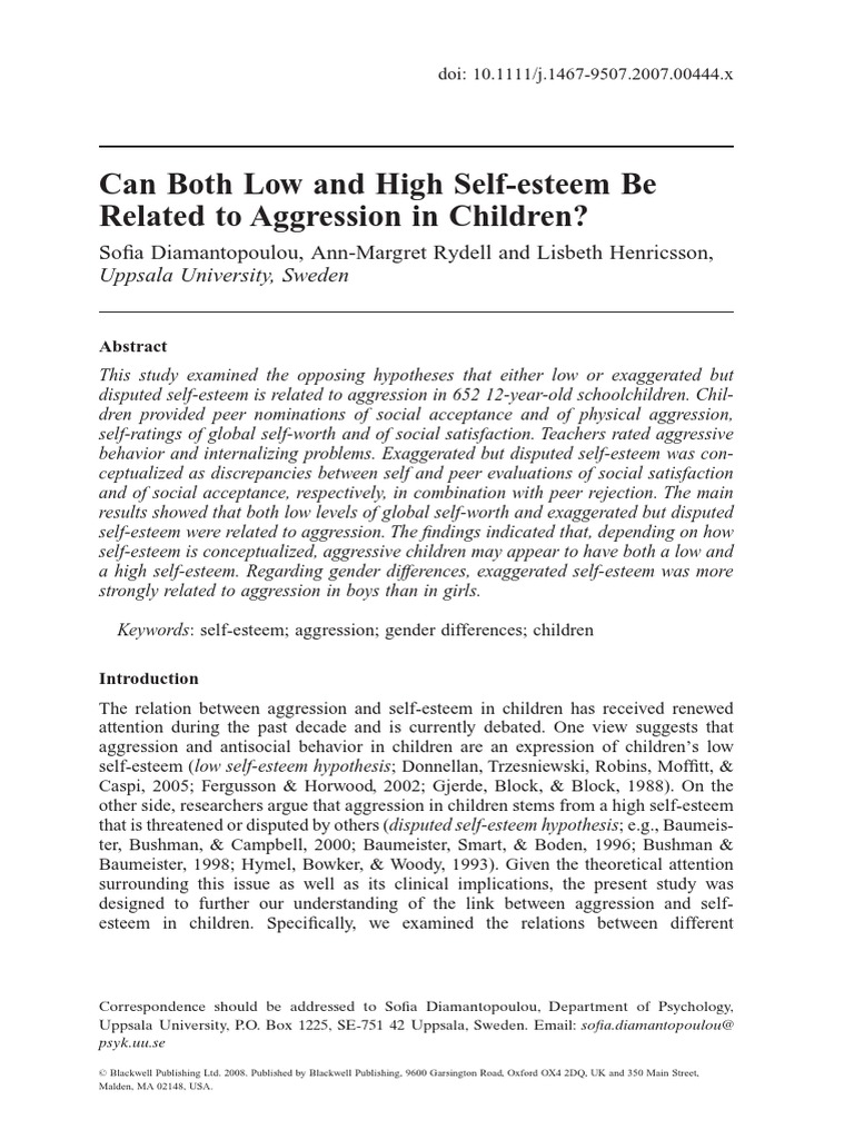 Self-Esteem and Aggression in Children | PDF | Self Esteem | Aggression